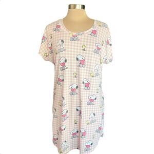 Munki Munki / Peanuts Pink Gingham Print Snoopy Sleep Shirt Nightgown MED Lounge